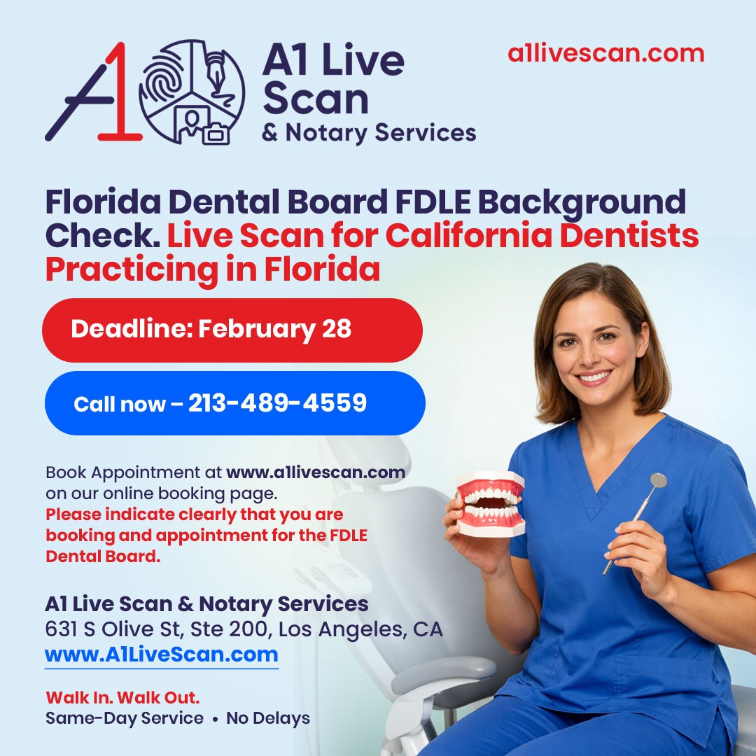 Florida Dental Board FDLE Background Check. Live Scan for California Dentists Practicing in Florida